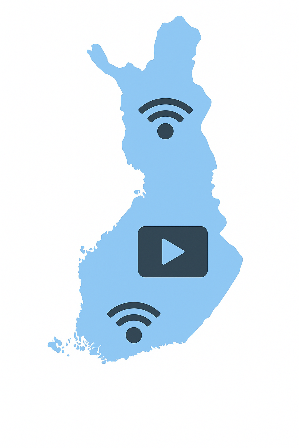 Clean flat map of Finland with Wi-Fi and play icons illustrating IPTV Finland service coverage and streaming access across the country.